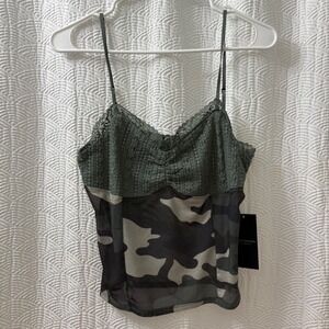 Mixed Threads Camouflage Mesh Cami Top‎ Lace Trim Green Army Grunge Y2K Size L